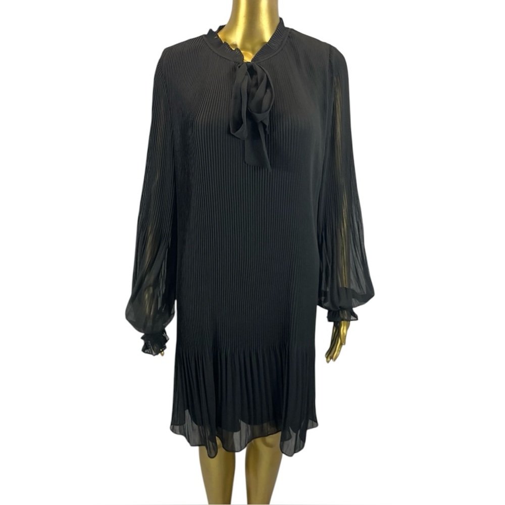 DKNY Black Tie Neck Long Sleeve Shift Dress Size 12 Pullover Classic Chic Office